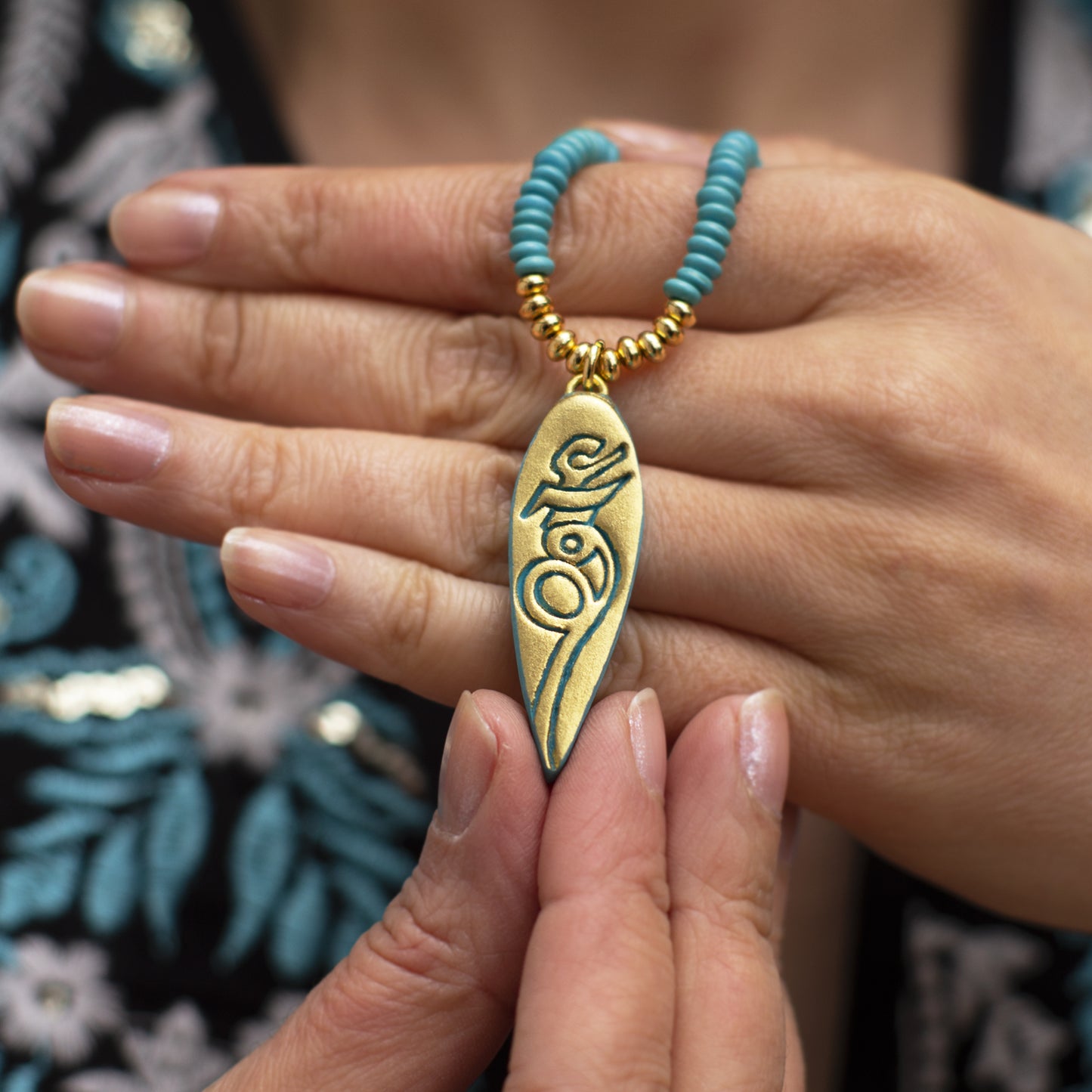 Turquoise & Gold Persian Sarv Necklace with Eshgh (Love) Calligraphy