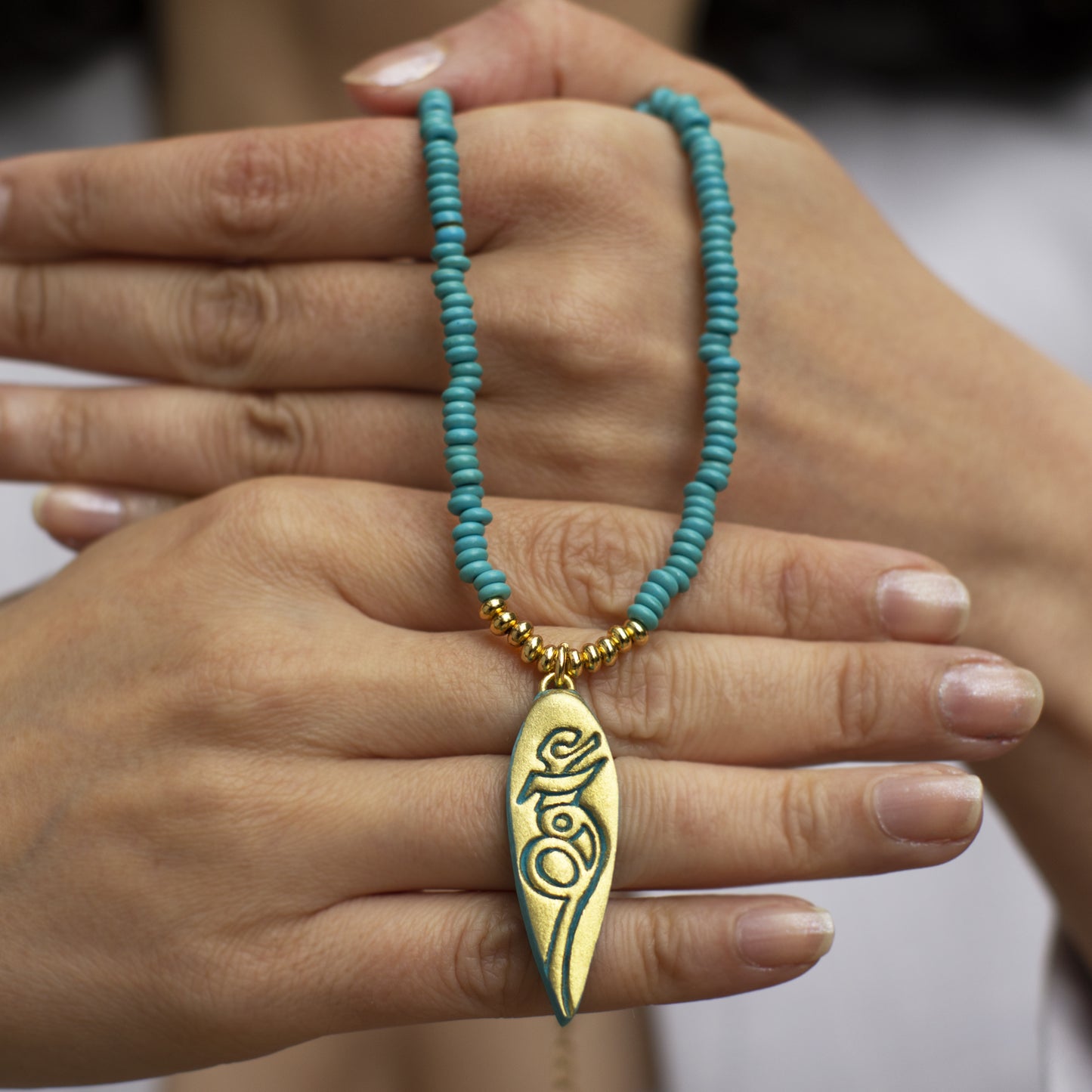 Turquoise & Gold Persian Sarv Necklace with Eshgh (Love) Calligraphy
