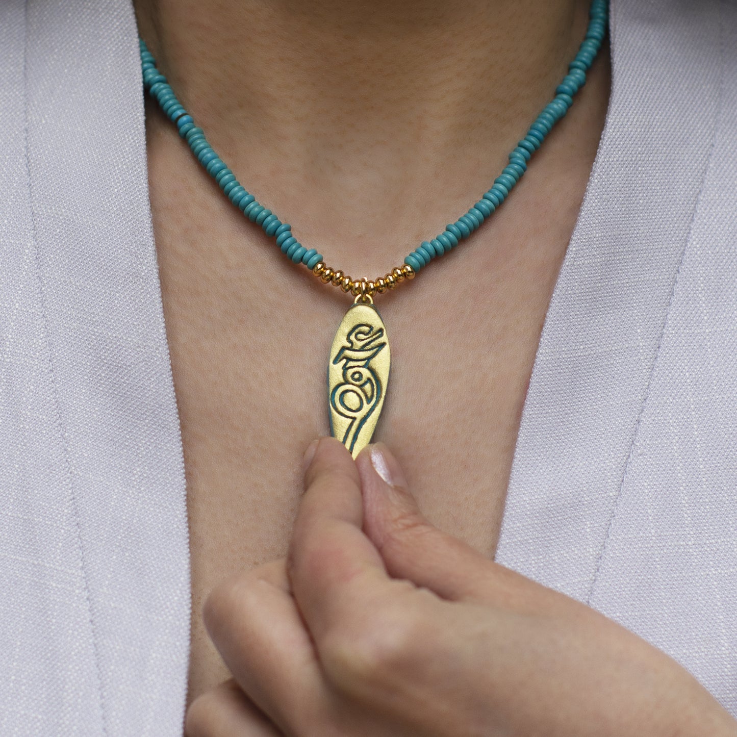 Turquoise & Gold Persian Sarv Necklace with Eshgh (Love) Calligraphy