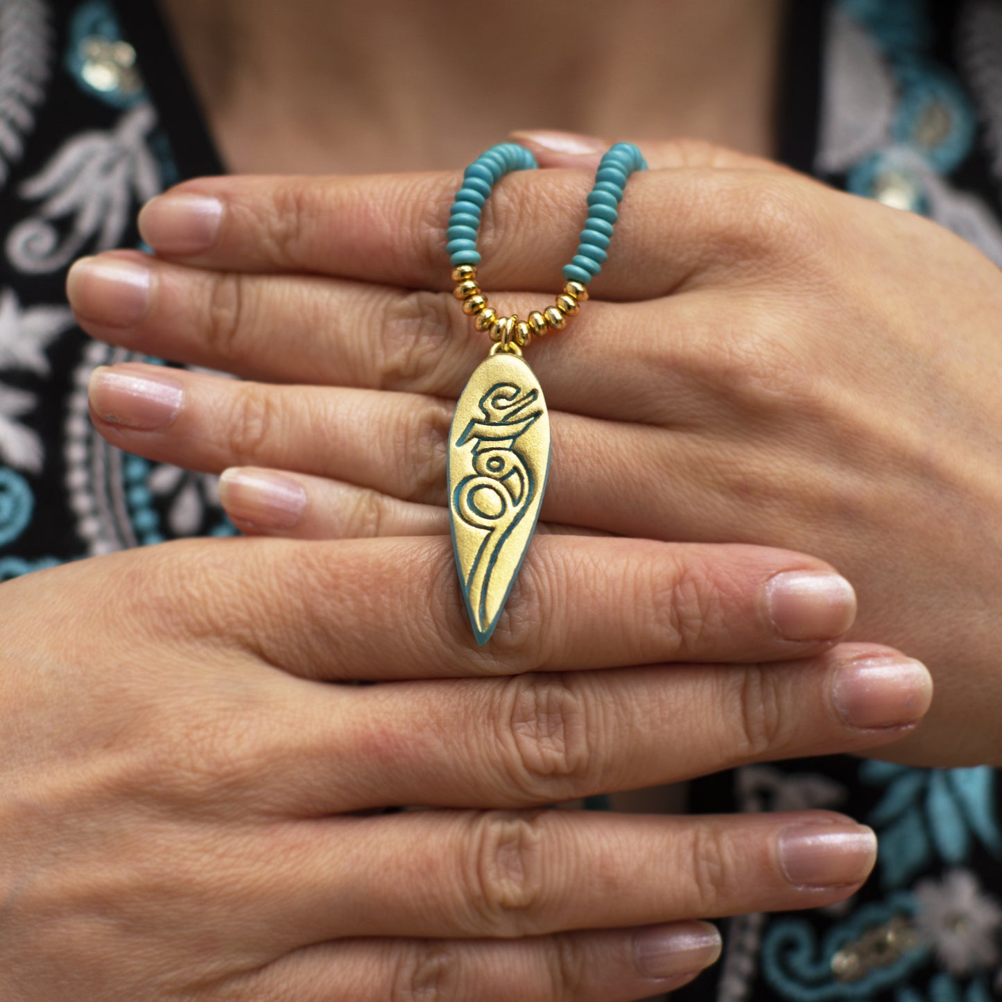Turquoise & Gold Persian Sarv Necklace with Eshgh (Love) Calligraphy