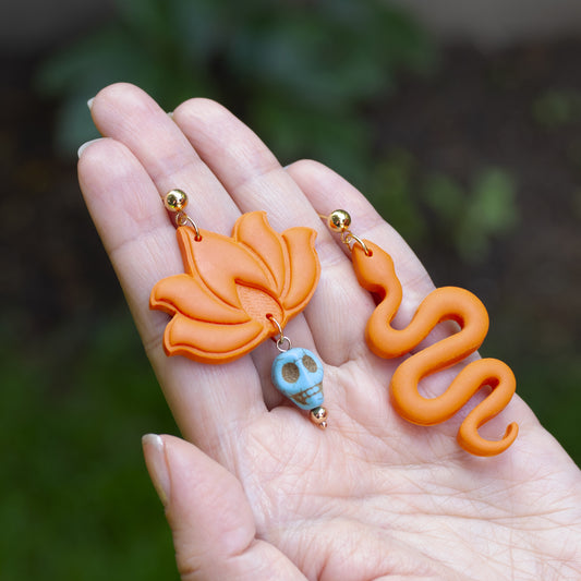 Orange Lotus Skeleton and Snake Mix Mach Earrings