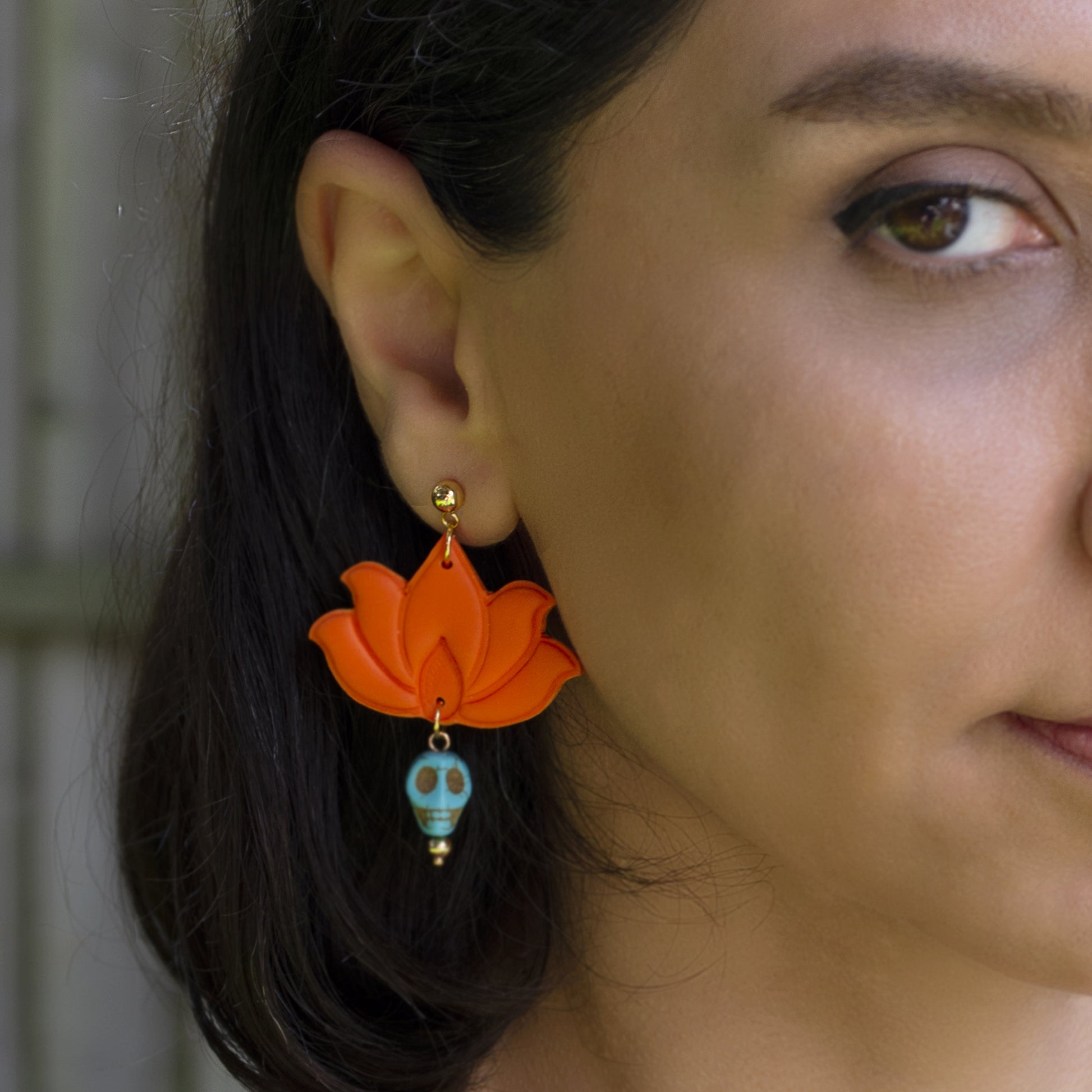 Lotus And Turquoise Skeleton Halloween Persian Earrings